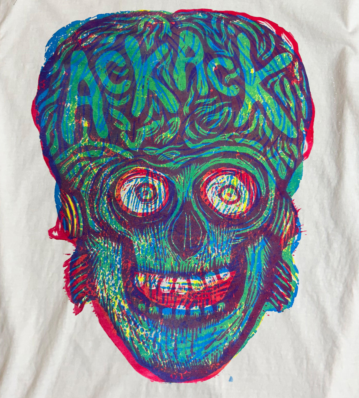 Three Block Martian Head Woodcut Handprinted T-Shirt