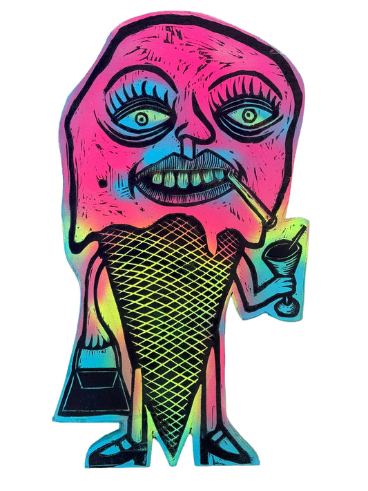 MeltDown Woodcut  printed on Painted Wooden Panel