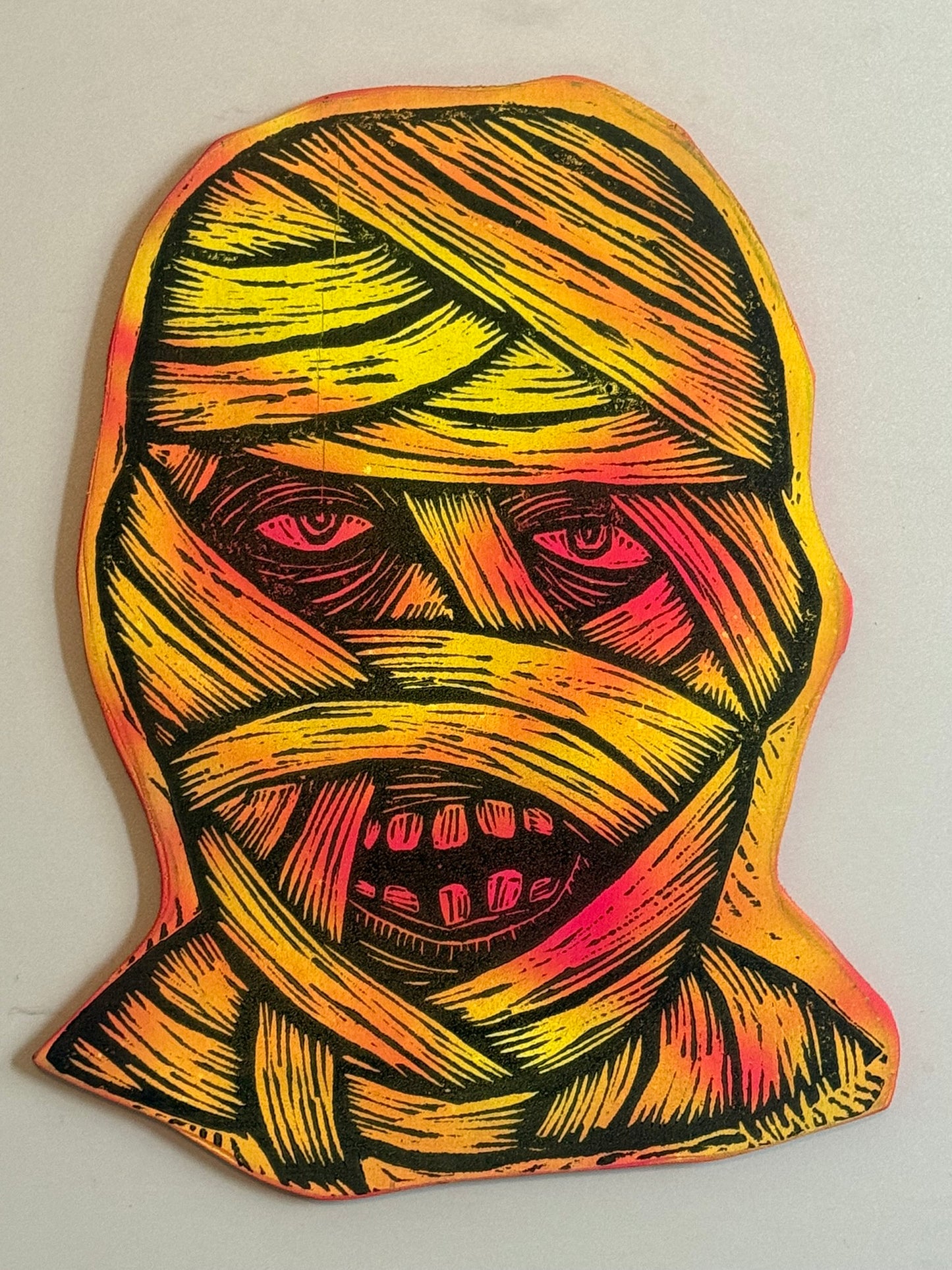 Mummy Woodcut Handprinted on Wooden Panel 9" x 12"