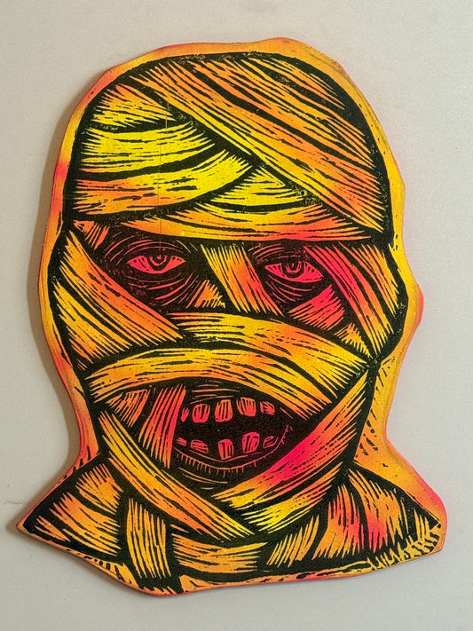 Mummy Woodcut Handprinted on Wooden Panel 9" x 12"