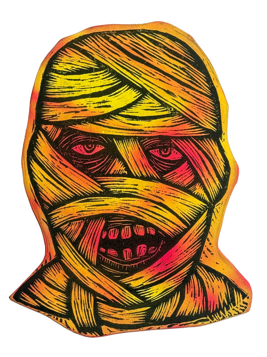 Mummy Woodcut Handprinted on Wooden Panel 9" x 12"