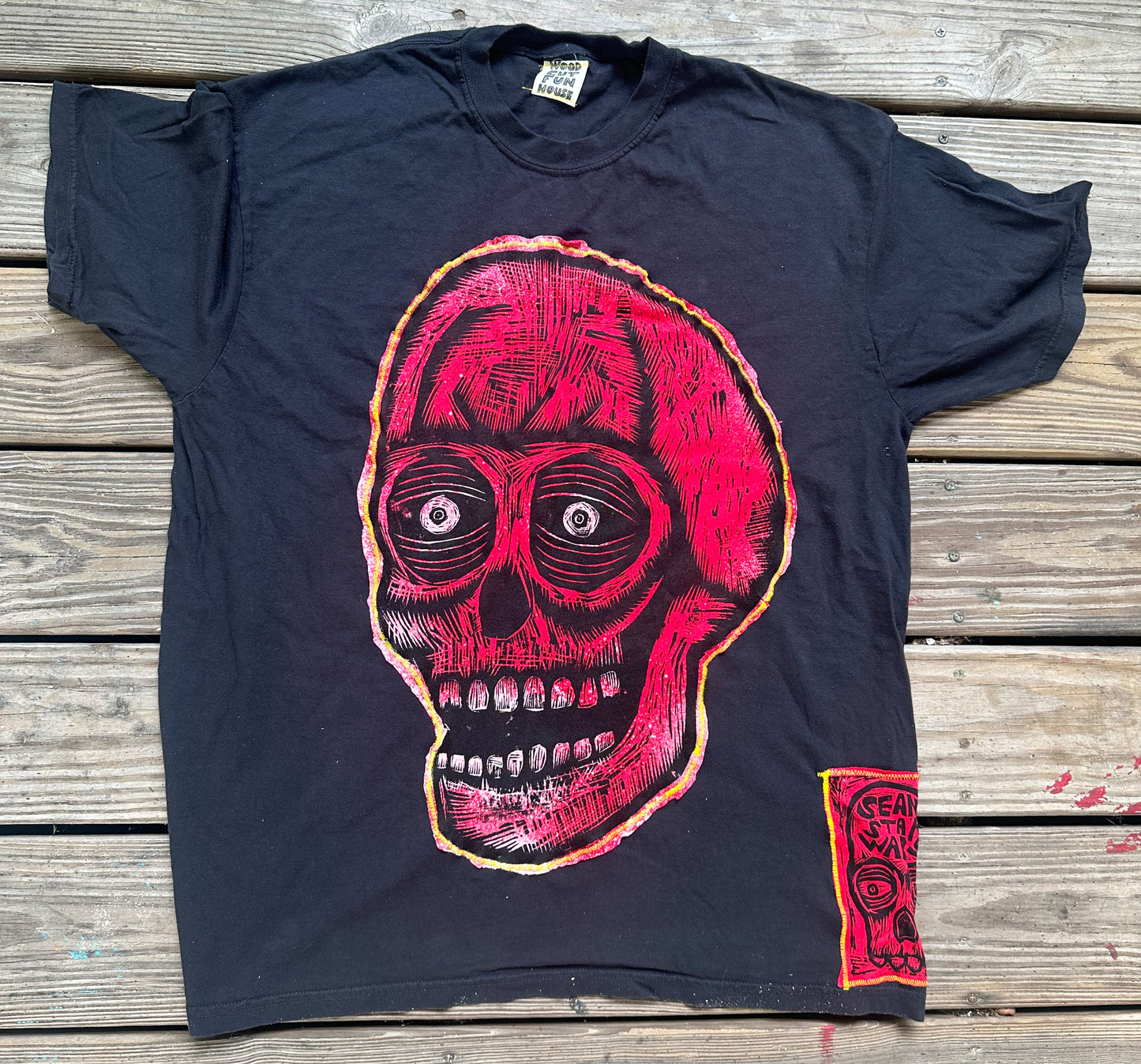 Red Skull Appliqued Woodcut Limited Edition Handprinted T-Shirt (Limited to 50)