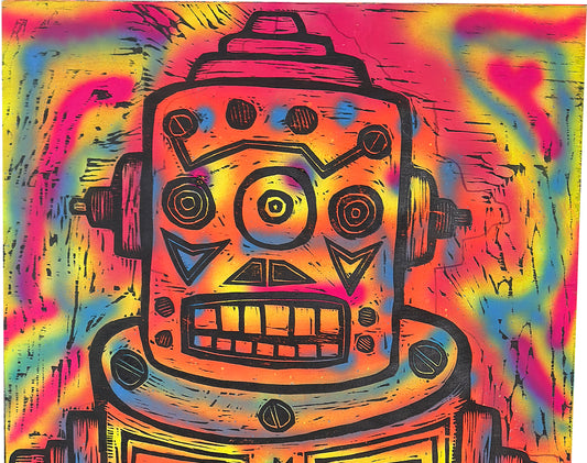 Sentinel (Orange)Woodcut Printed on Painted Wooden Panel