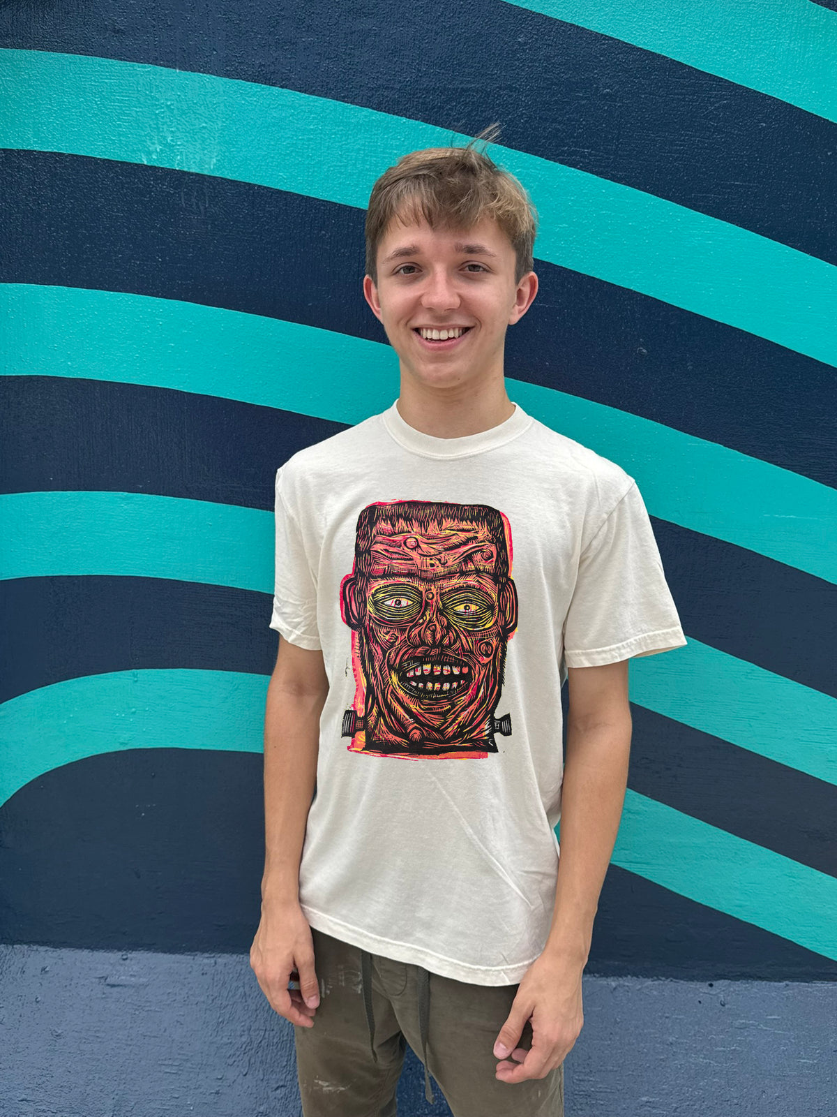 Orange Frankenstein  Woodcut Handprinted T-Shirt