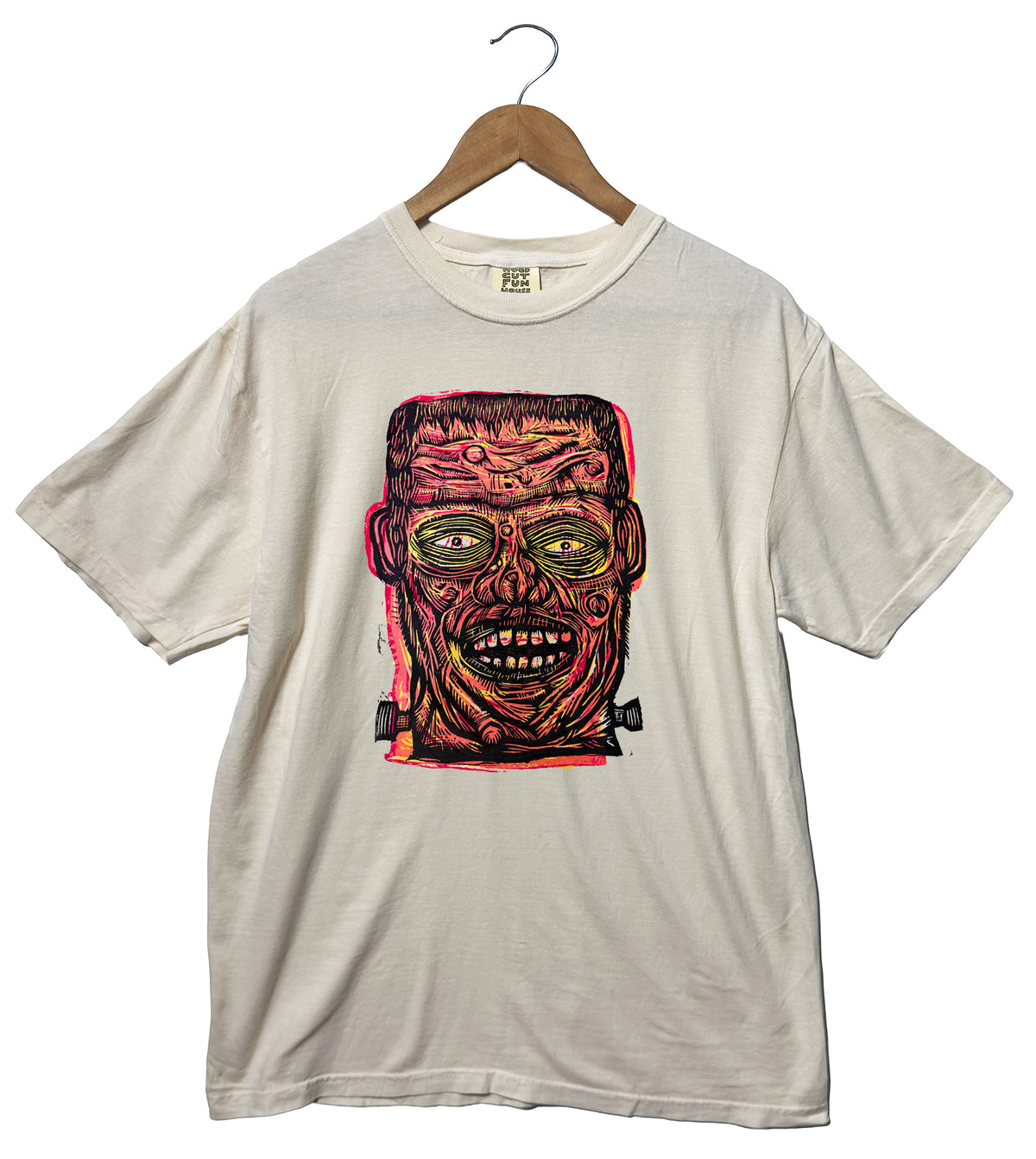 Orange Frankenstein  Woodcut Handprinted T-Shirt
