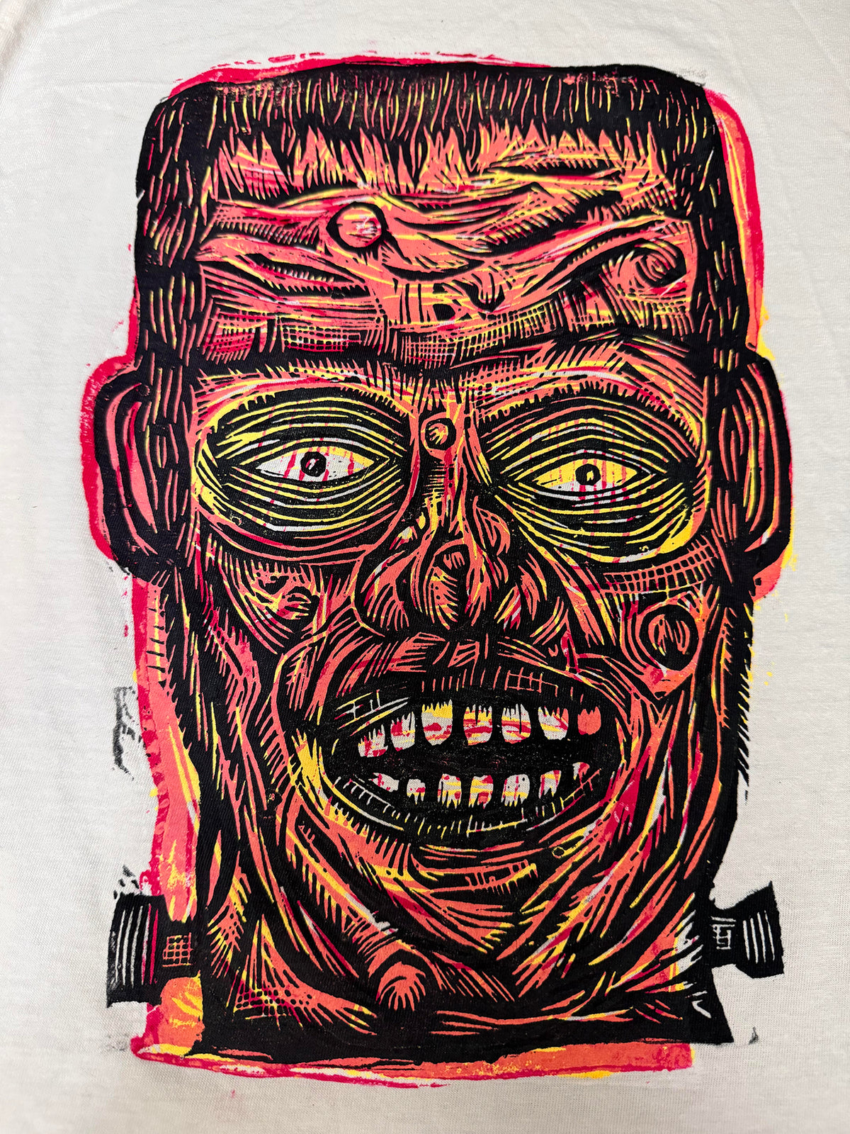 Orange Frankenstein  Woodcut Handprinted T-Shirt