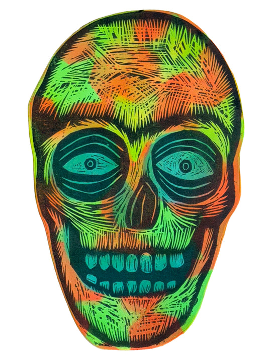 Skull Woodcut Handprinted on Wooden Panel 11 x 17