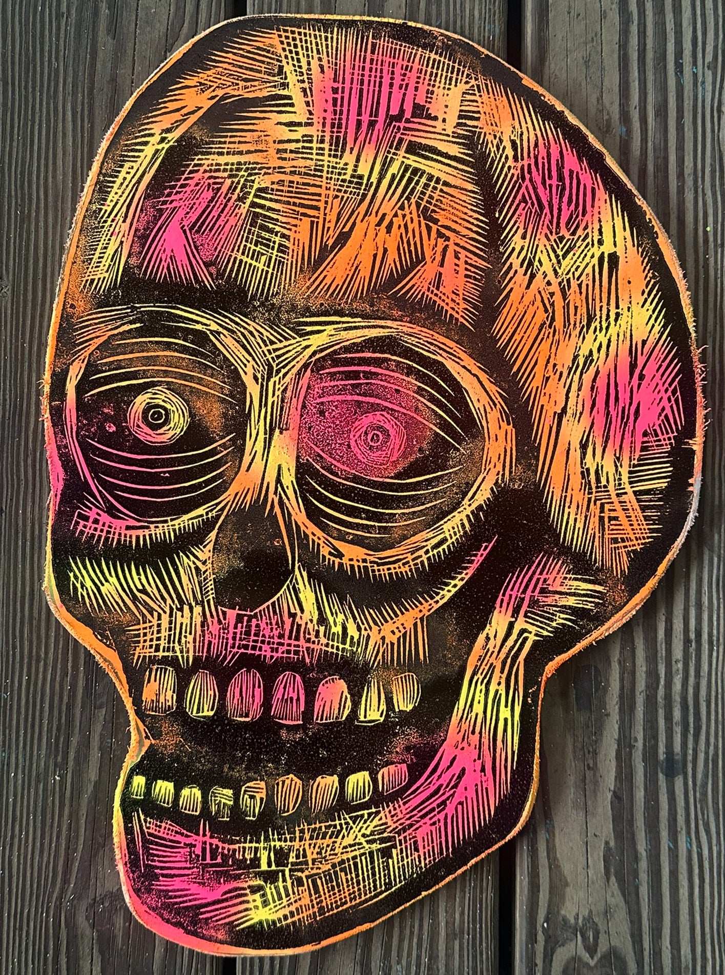 Radiation Sores Skull Woodcut Printed on Wooden Panel