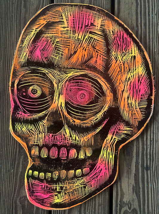 Radiation Sores Skull Woodcut Printed on Wooden Panel