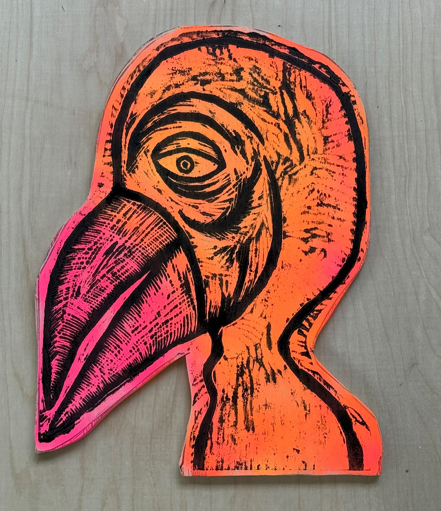 Bird Man  Woodcut Printed on Wooden Panel