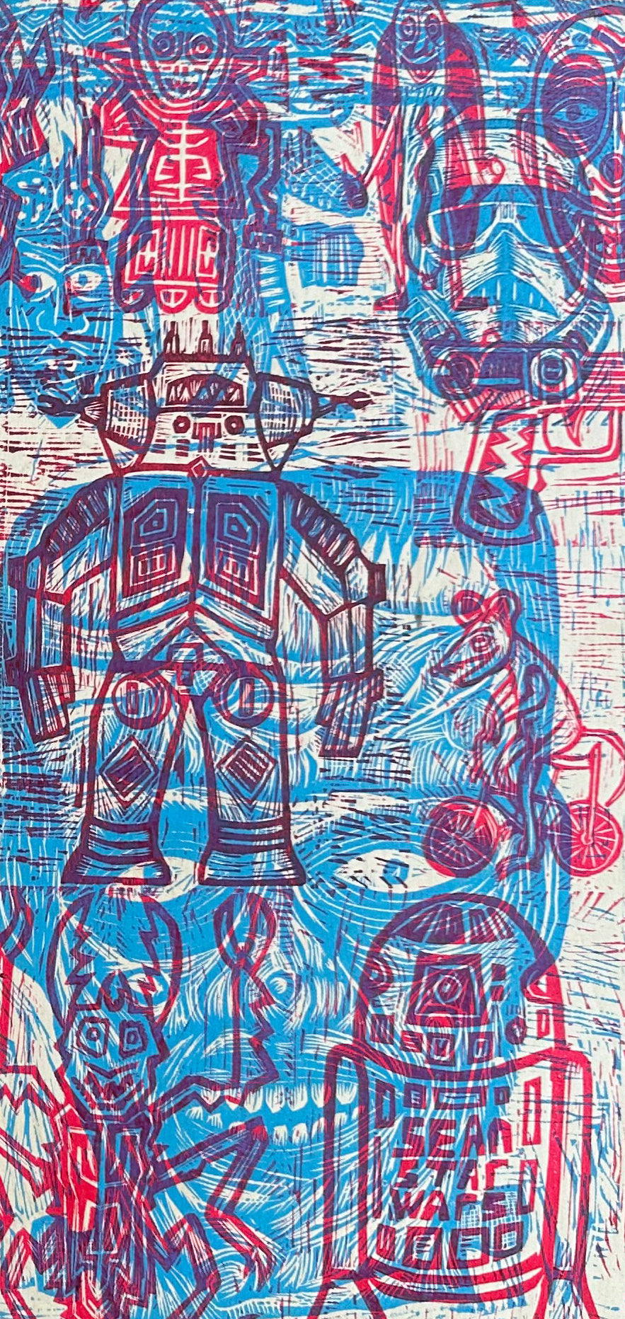 Multiple Red and Blue  Woodcuts Printed on Wooden Panel (Panel A)