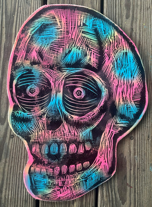 Cool Plasma Skull Woodcut Printed on Wooden Panel