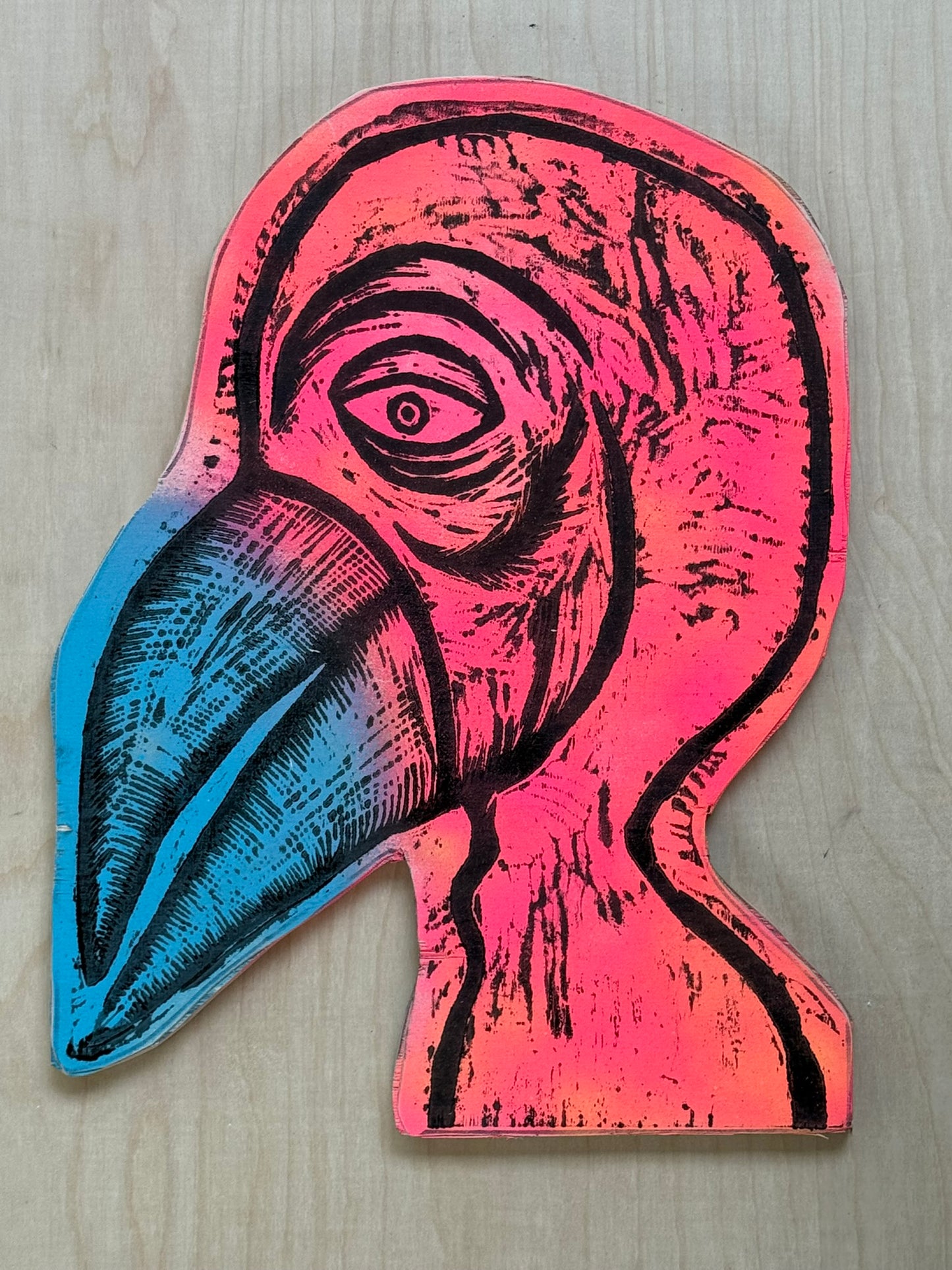 Bird Man  Woodcut Printed on Wooden Panel