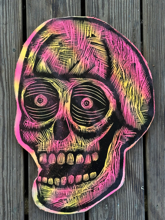 Pink Lemonade  Skull Woodcut Printed on Wooden Panel