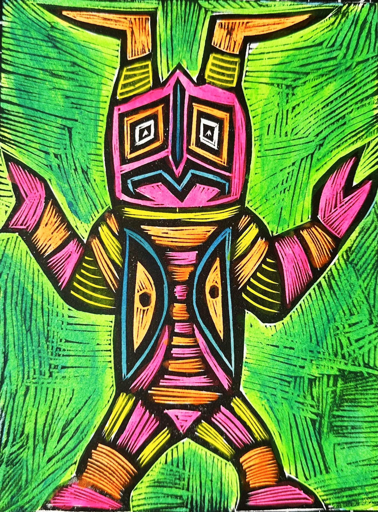 Pink Zetton - Hand Painted Woodcut