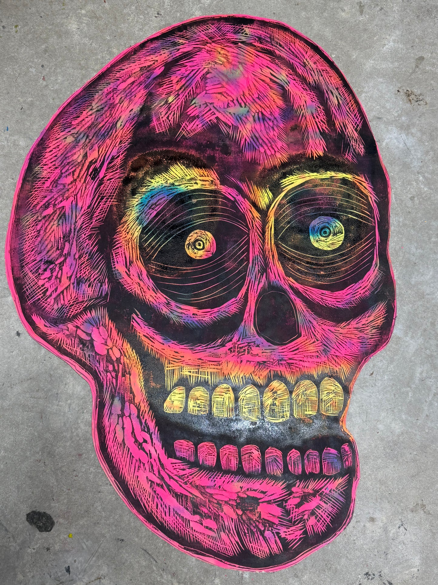 Giant Pink Skull Skull Woodcut Printed on Wooden Panel