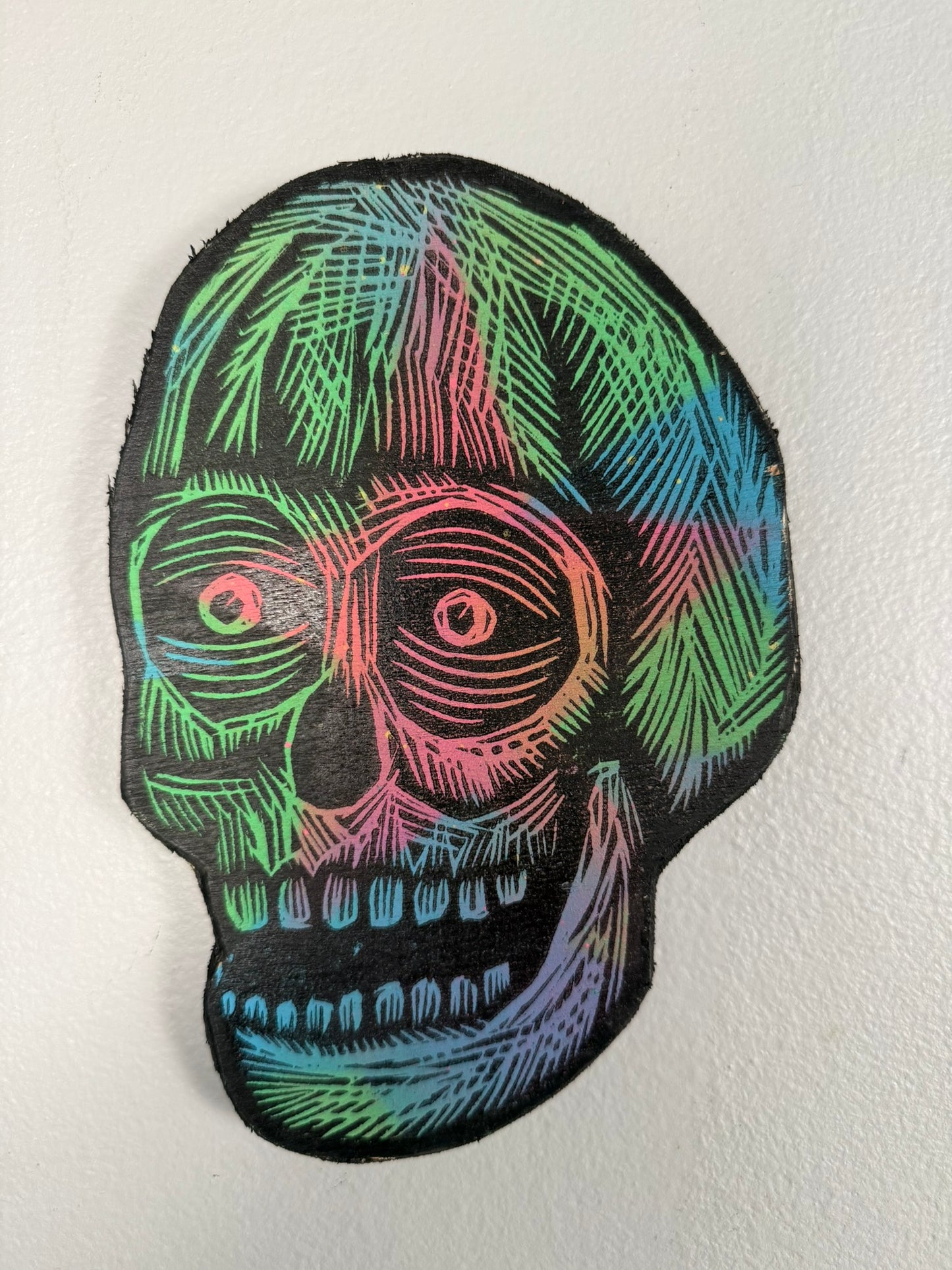 Mini Skull Woodcut Printed on Wooden Panel