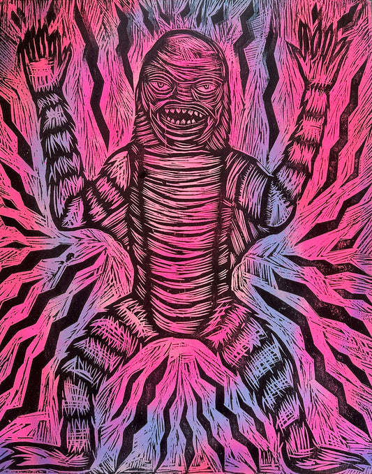 Purple Aurora Creature Woodcut printed on a Wooden Panel