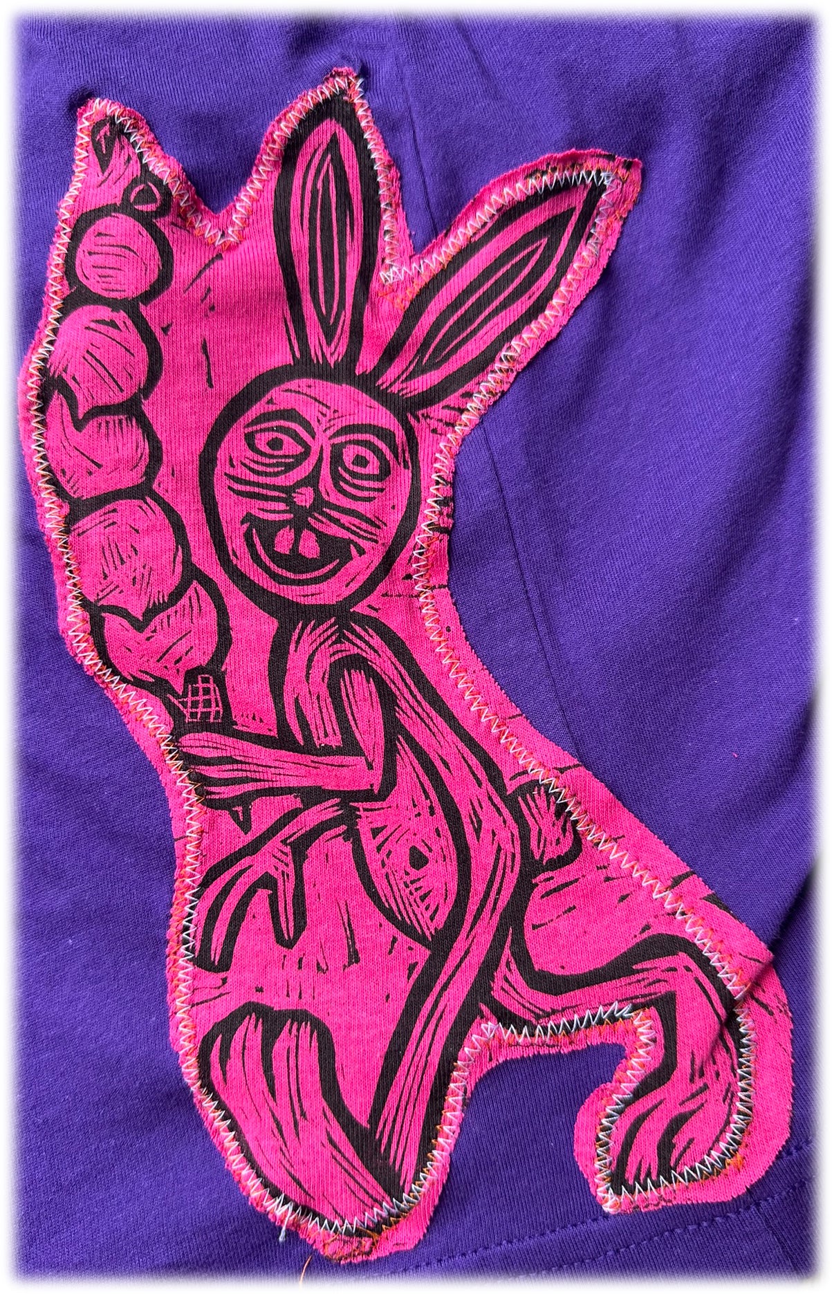 Rabbit Head Appliqued Woodcut Handprinted T-Shirt