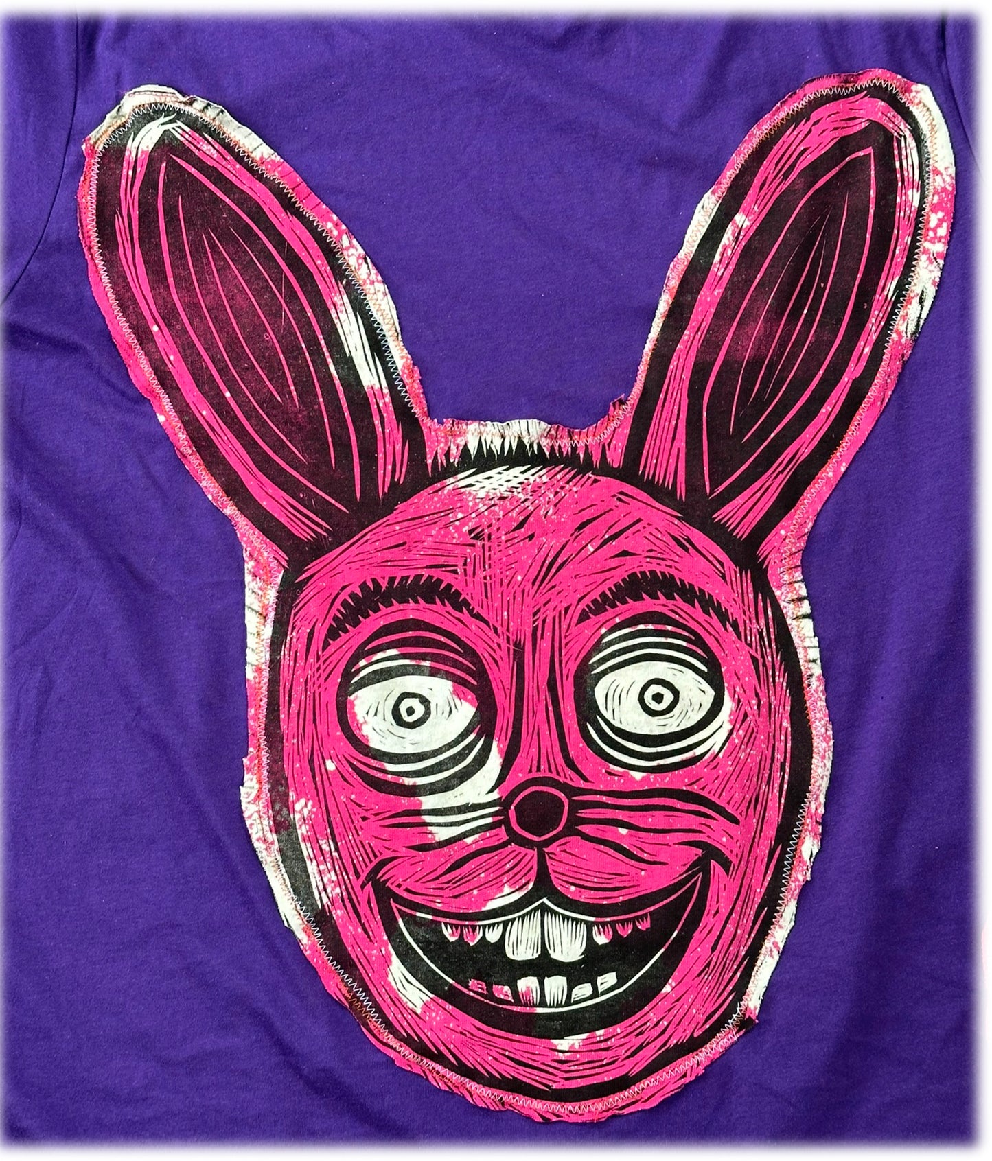 Rabbit Head Appliqued Woodcut Handprinted T-Shirt