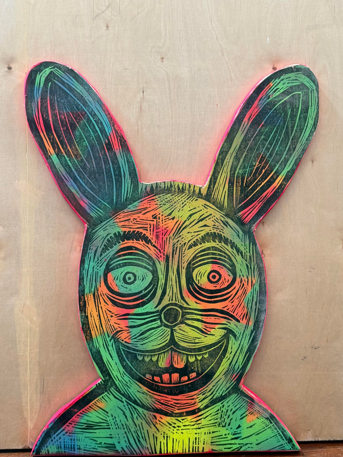 Rabbit Woodcut handprinted on Wooden Panel 12" x 18"