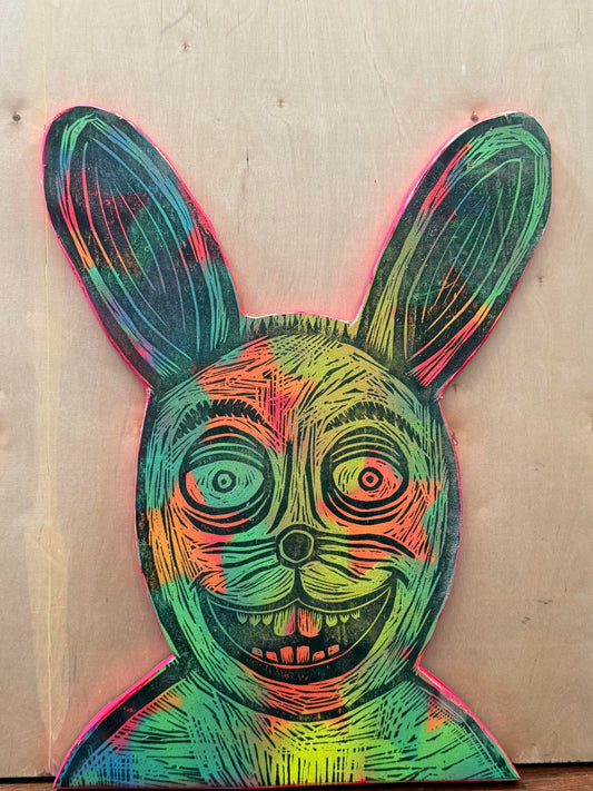 Rabbit Woodcut handprinted on Wooden Panel 12" x 18"