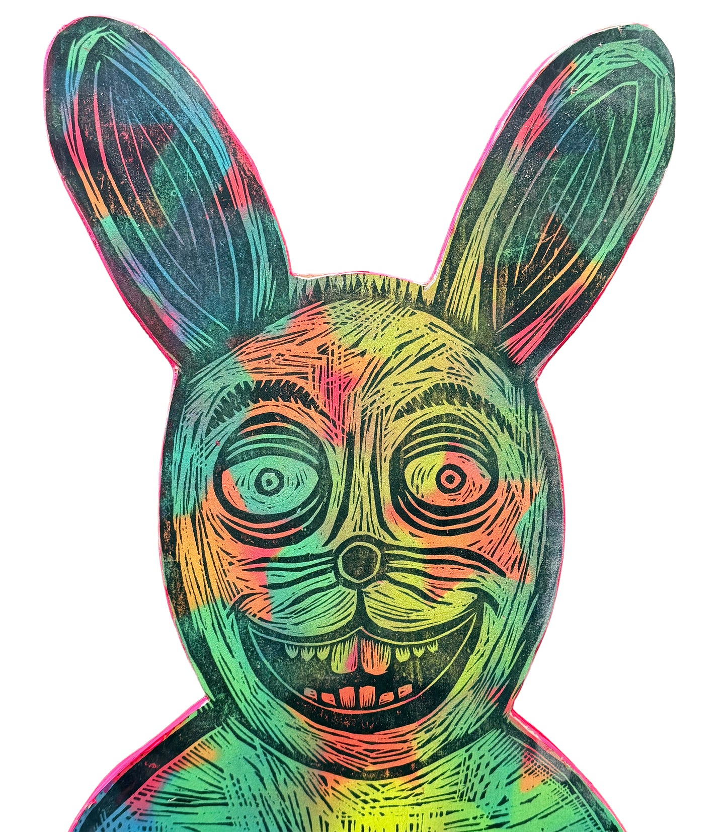 Rabbit Woodcut handprinted on Wooden Panel 12" x 18"