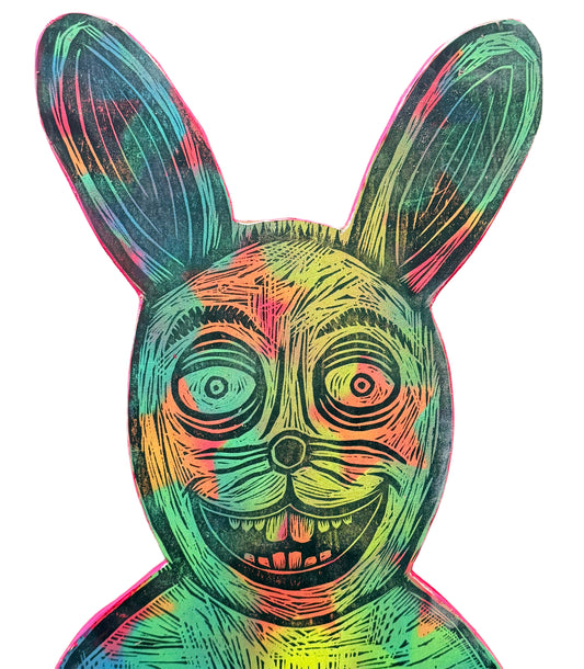 Rabbit Woodcut handprinted on Wooden Panel 12" x 18"