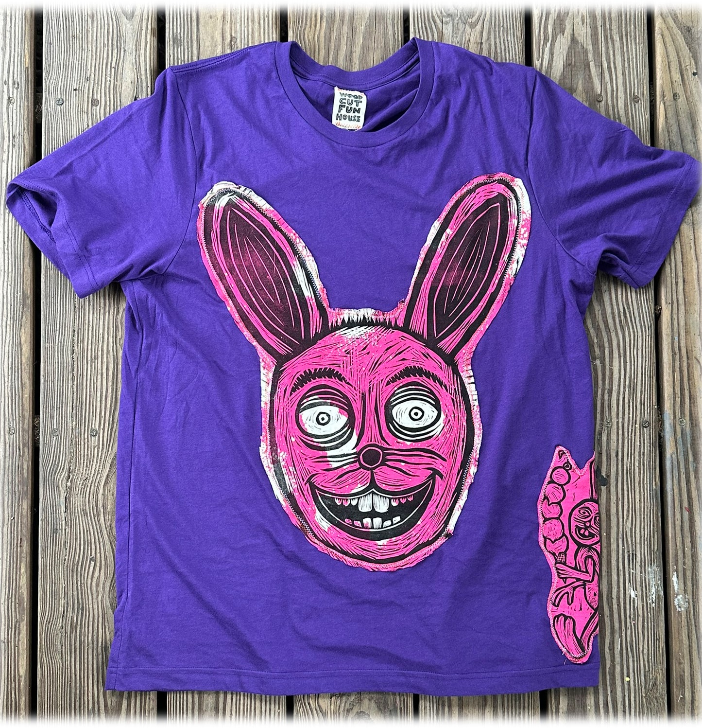 Rabbit Head Appliqued Woodcut Handprinted T-Shirt