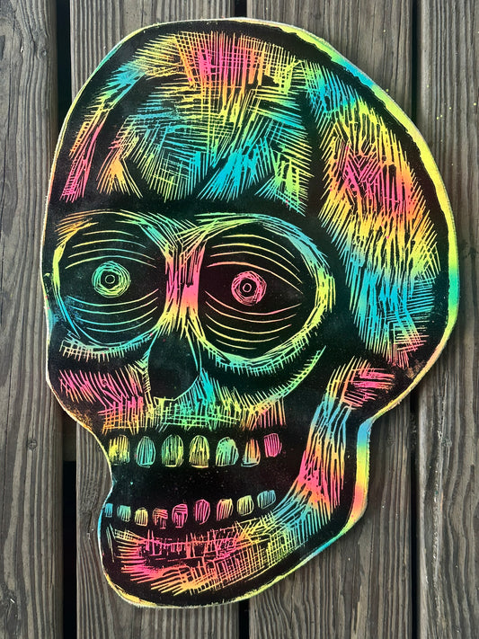 Radiation Rainbow Skull Woodcut Printed on Wooden Panel