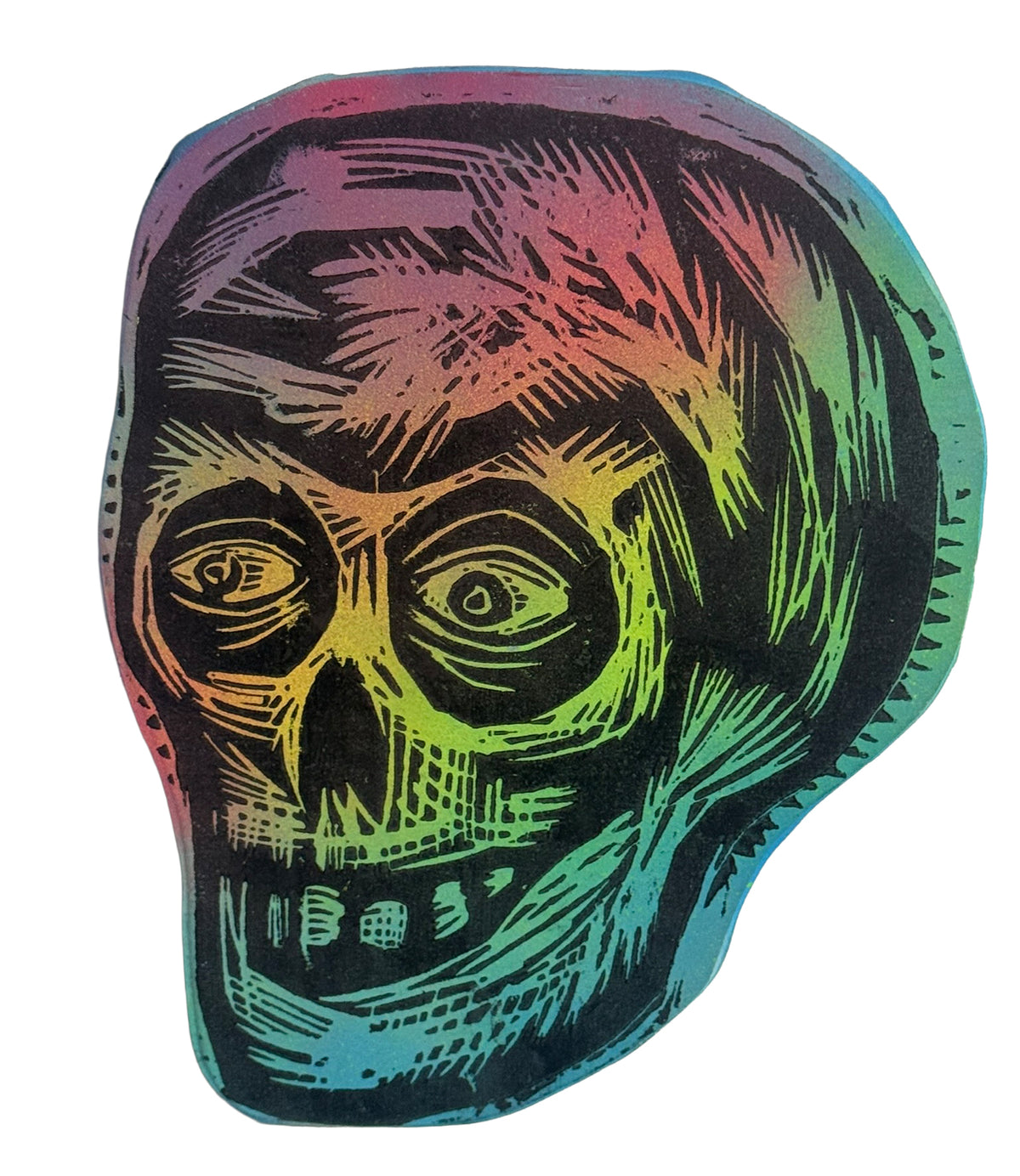 Blue Rainbow Compact Skull  Woodcut  printed on  Wooden Panel