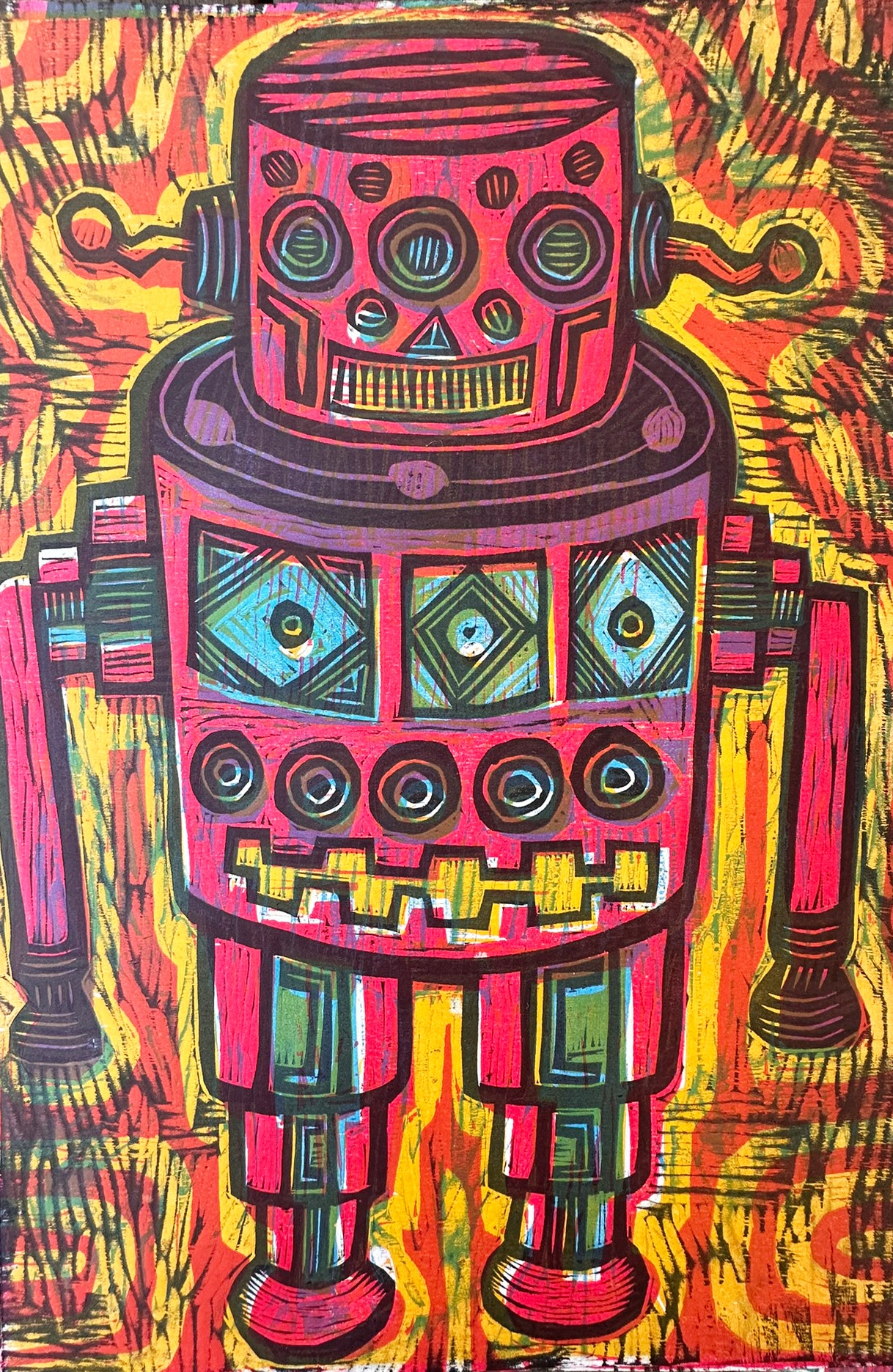 Red Robot Woodcut hand pulled Print