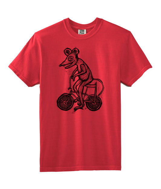 Bike Rat Woodcut Handprinted T-Shirt