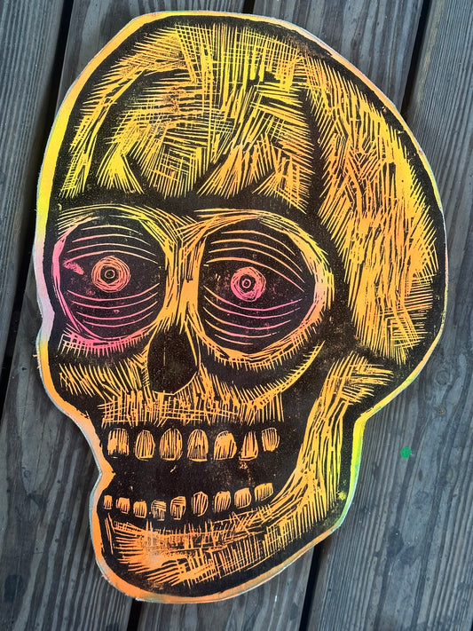 Red Eyes Skull Woodcut Printed on Wooden Panel
