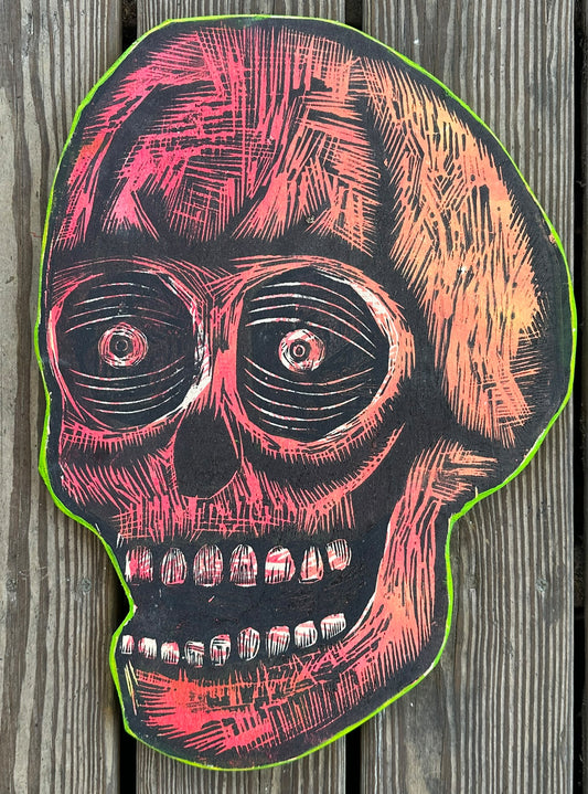 Red Skull Woodcut Printed on Wooden Panel