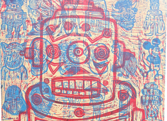 Sentinel  (Implanted Memories) Woodcut Printed on Painted Wooden Panel