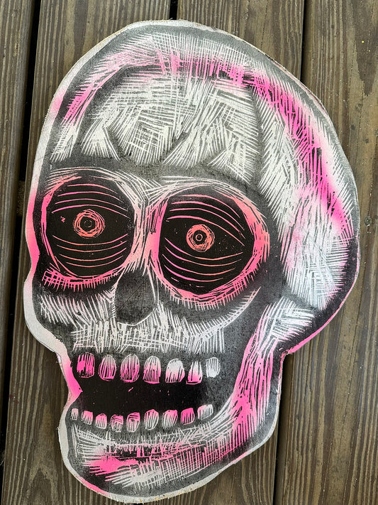 Sinister Silver  Skull Woodcut Printed on Wooden Panel