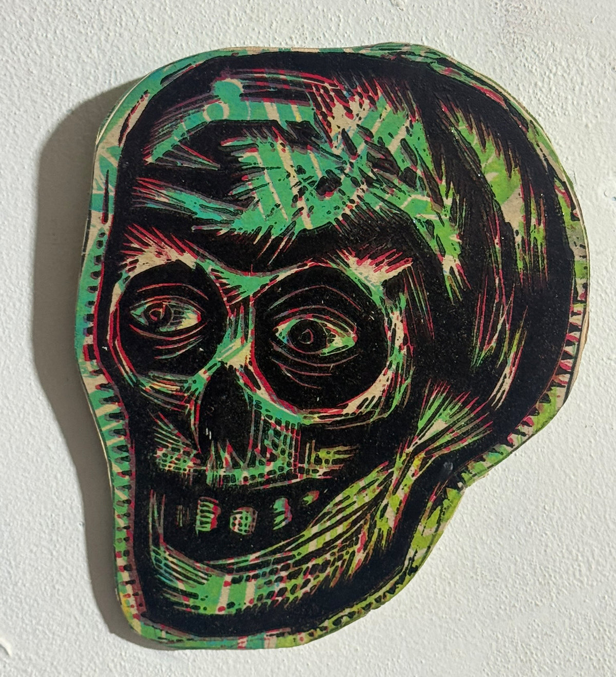 Sinister Green Compact Skull  Woodcut  printed on  Wooden Panel