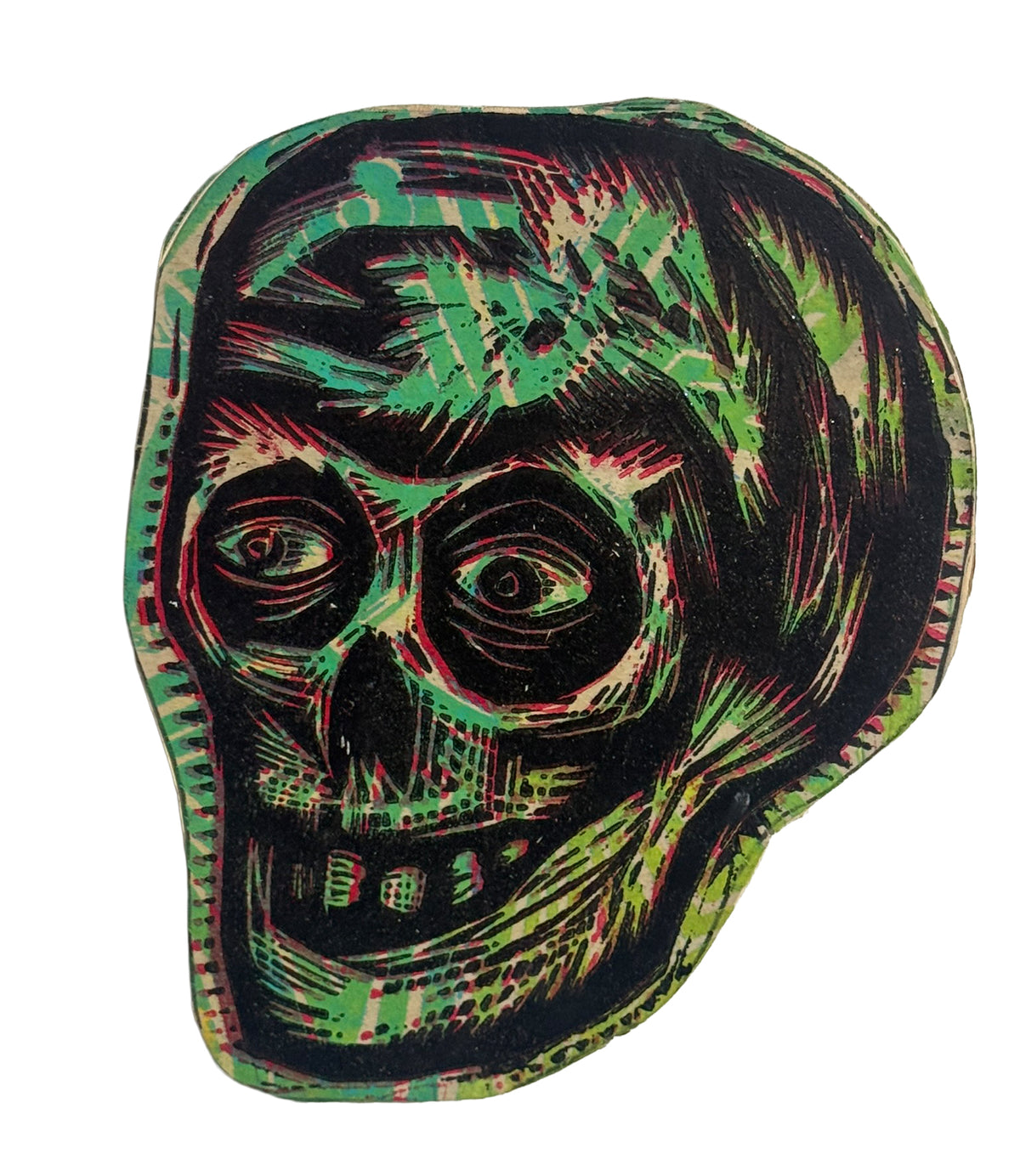 Sinister Green Compact Skull  Woodcut  printed on  Wooden Panel