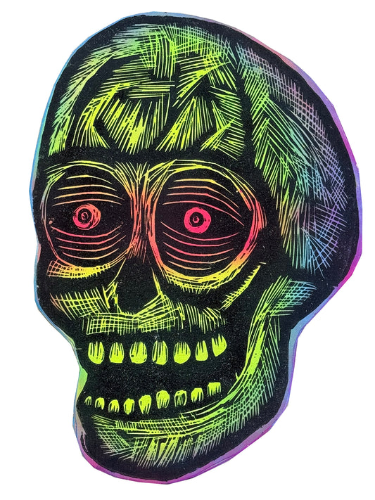 Skull Woodcut Printed on Wooden Panel 13" x 19"