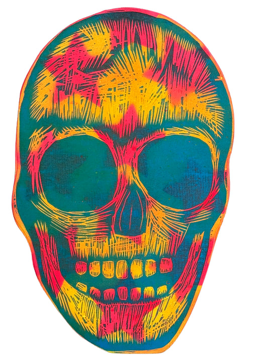 Skull Woodcut Printed on Wooden Panel 11 x 17