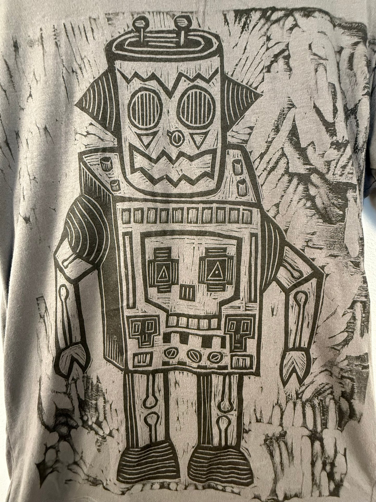 Skull Robot Linocut Handprinted T-Shirt