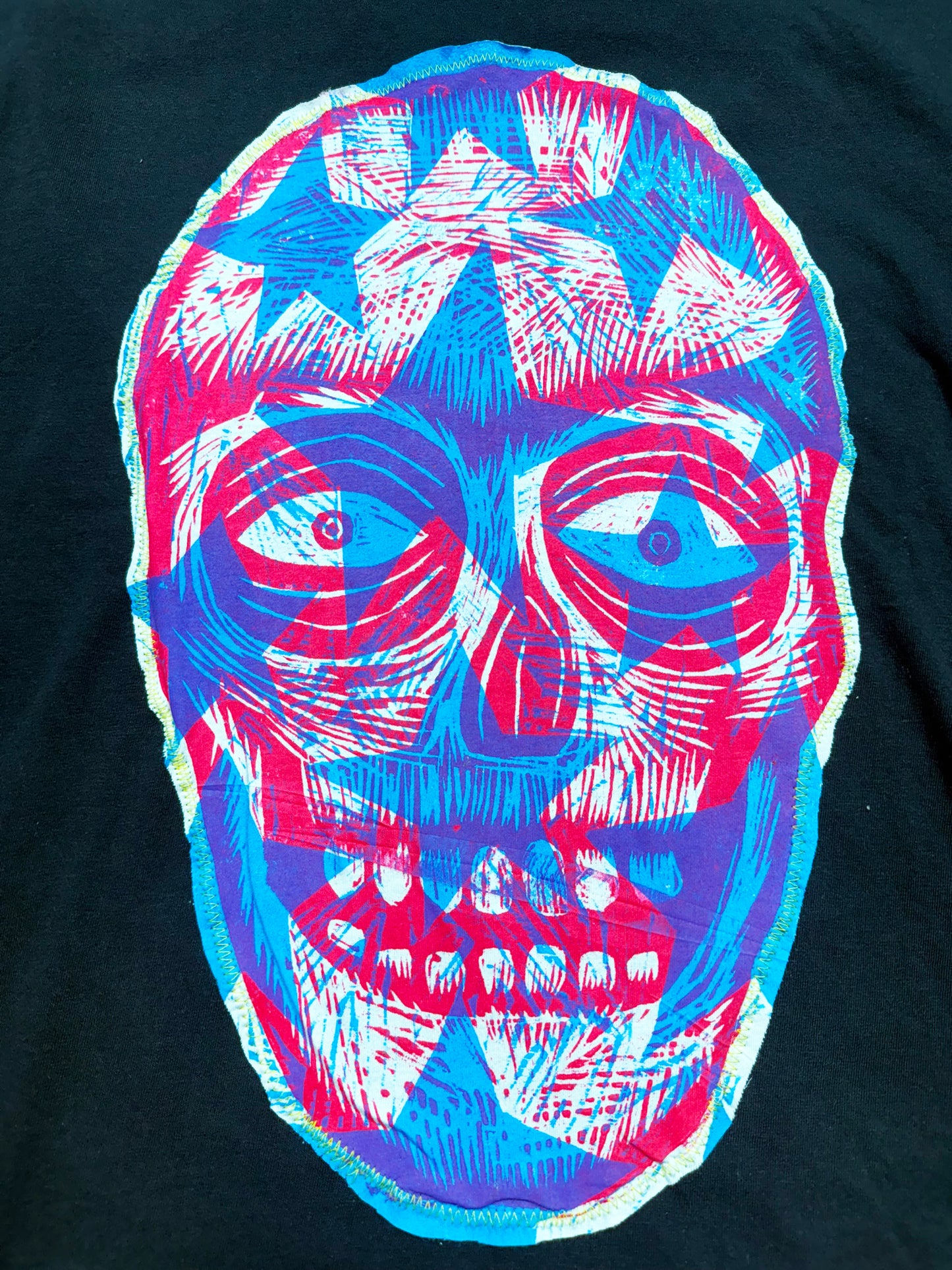 Star Skull Appliqued Woodcut Handprinted T-Shirt