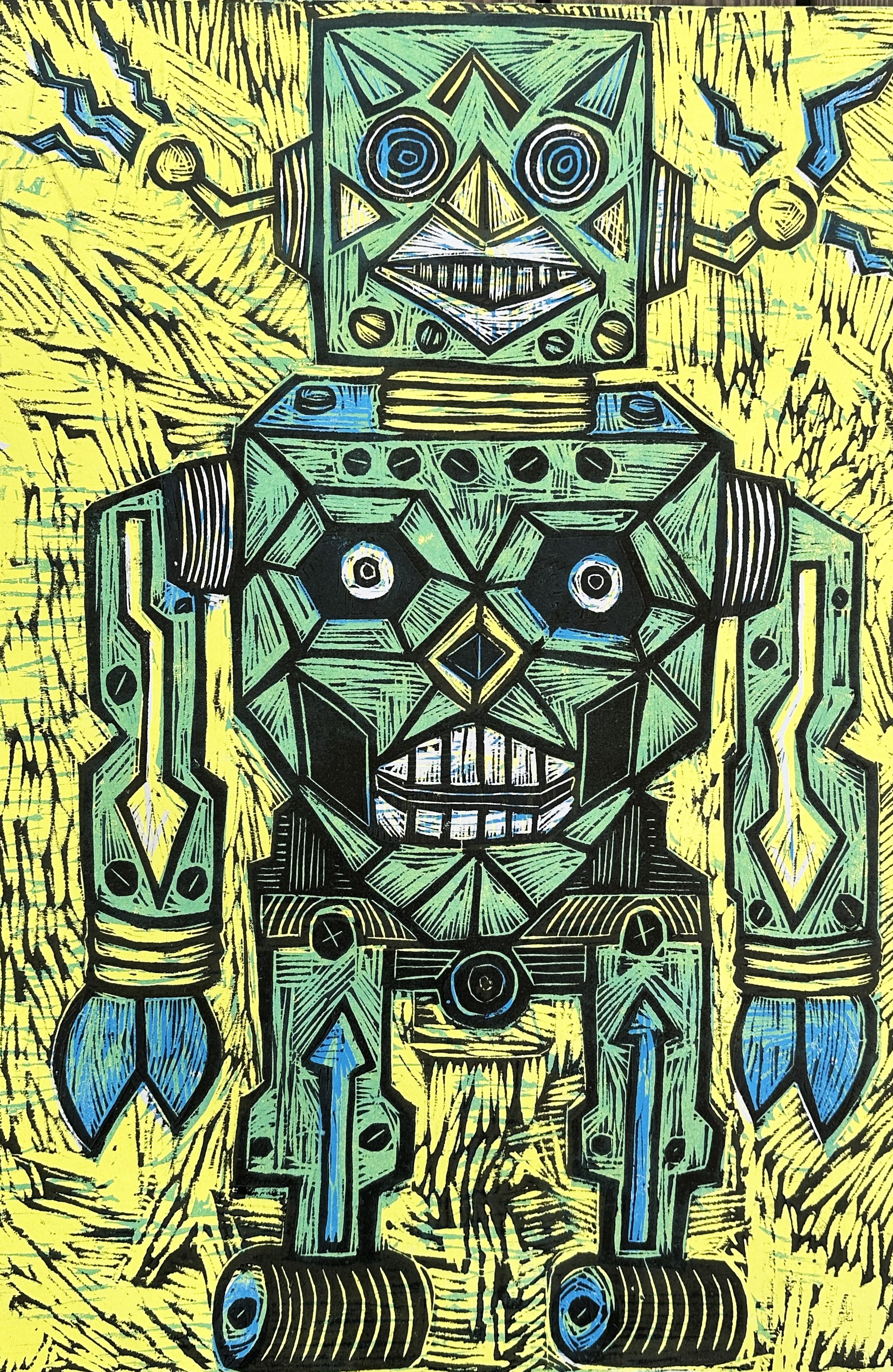 (Green) Skullotron Handprinted Multi Color Woodcut Print