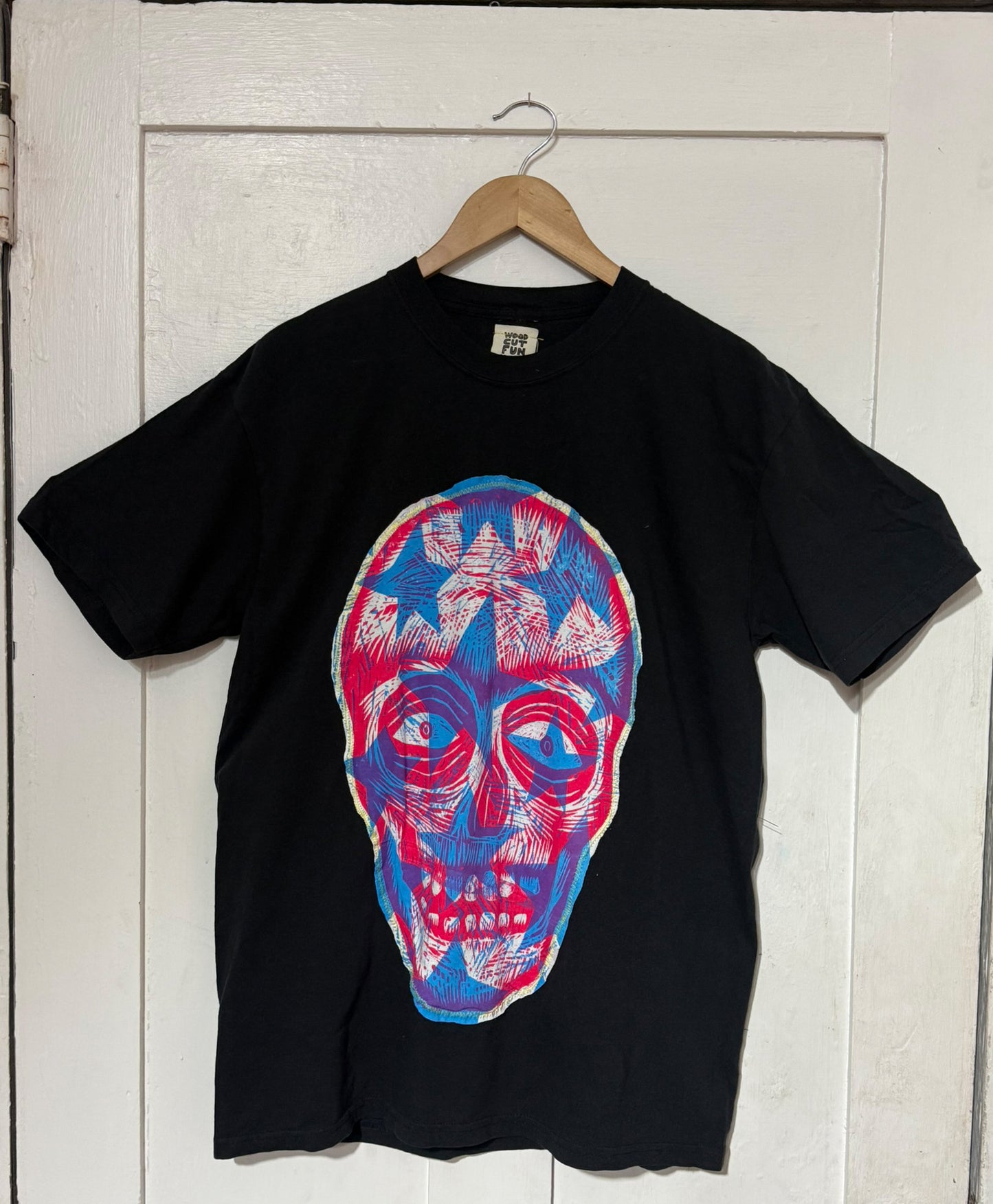 Star Skull Appliqued Woodcut Handprinted T-Shirt
