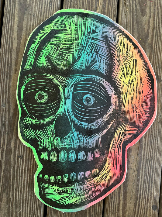 SourBall Skull Woodcut Printed on Wooden Panel