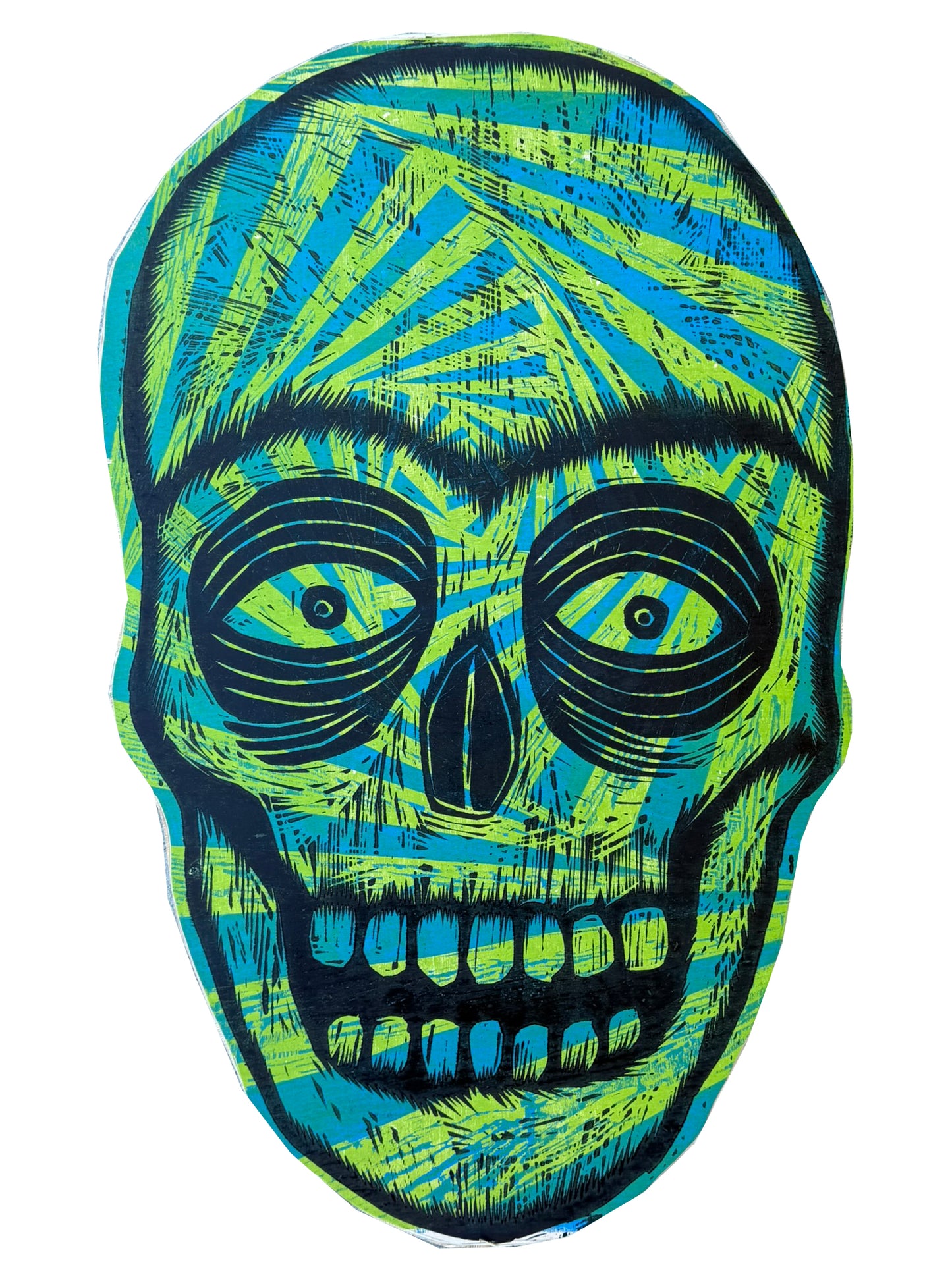 Green  Radiant Skull  Blue Spiral Woodcut handprinted on Wooden Panel 20" x 30"