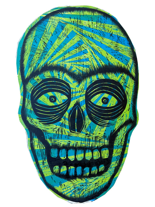 Green  Radiant Skull  Blue Spiral Woodcut handprinted on Wooden Panel 20" x 30"