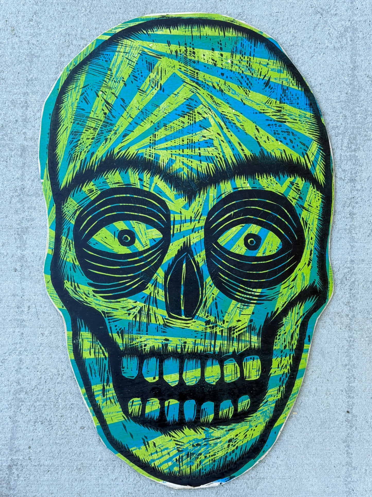 Green  Radiant Skull  Blue Spiral Woodcut handprinted on Wooden Panel 20" x 30"