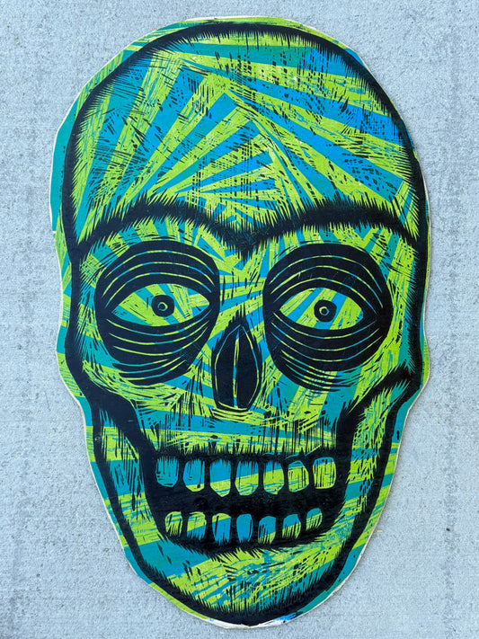 Green  Radiant Skull  Blue Spiral Woodcut handprinted on Wooden Panel 20" x 30"